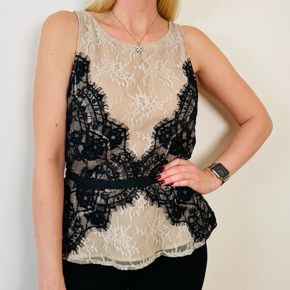 Ann Taylor LOFT Blouse Nude Eyelash Lace Ribbon Tie Peplum Tank Top - Picture 2 of 9